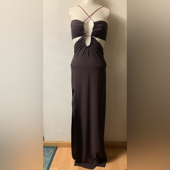 NWT Nensi Dojaka Key Hole Front Cut Out Stretch Viscose Maxi Dress Brown S/M - Picture 3 of 8